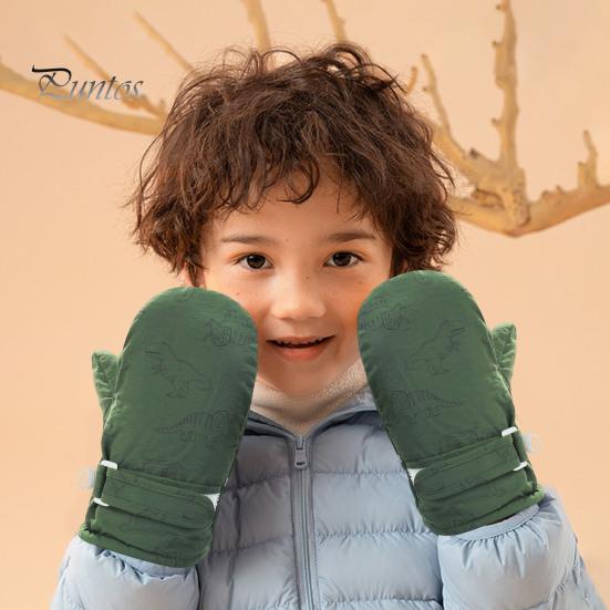 1 Pair Children Winter Mittens Thick Plush-lined Windproof Cartoon Dinosaur Cold Weather Outdoor Gloves Adjustable Fasten Strap Anti-Slip Ski Gloves
