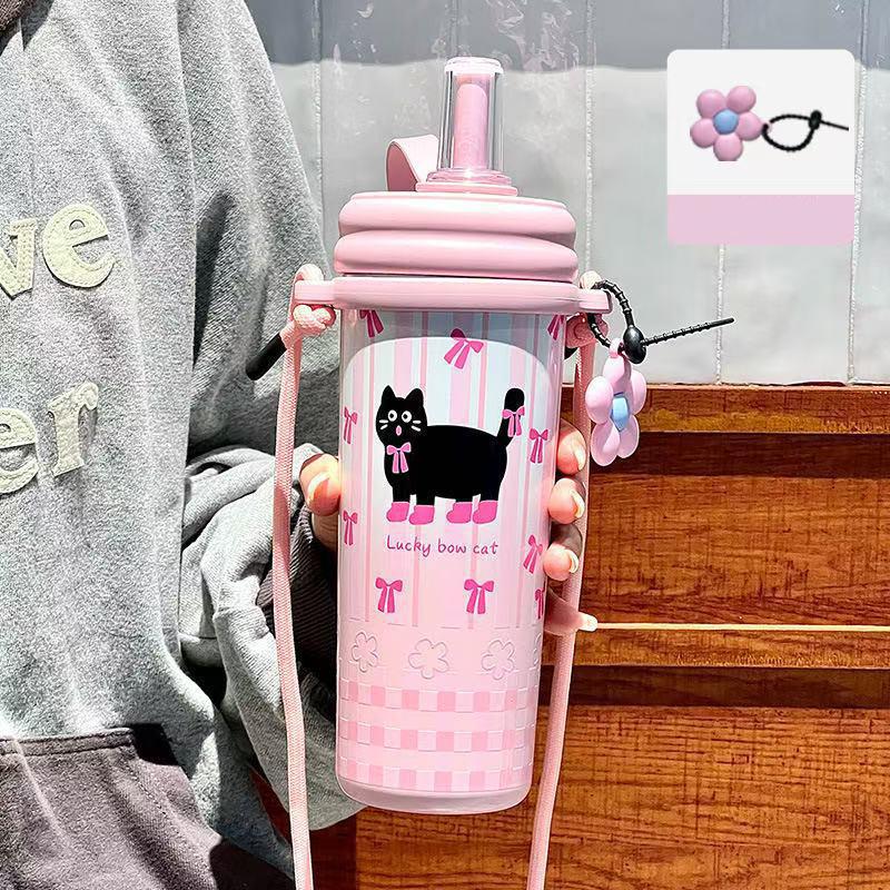 750ML Straw Thermal Cup Stainless Steel Vacuum Flask Insulated Water Bottle with Lifting Rope And Strap for Cold Hot Beverages