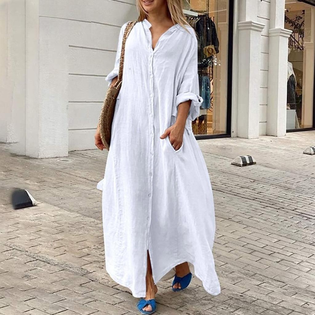 Women's Fashion Casual Pocket Solid Color Long Dress Casual Cotton Hemp Large Dress