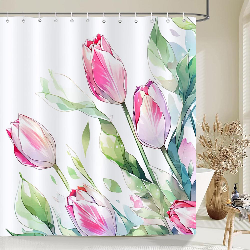 Tulip Flowers Print Shower Curtains Watercolor Boho Floral Waterproof Polyester Bathroom Bathtub Curtain Room Decor With Hooks