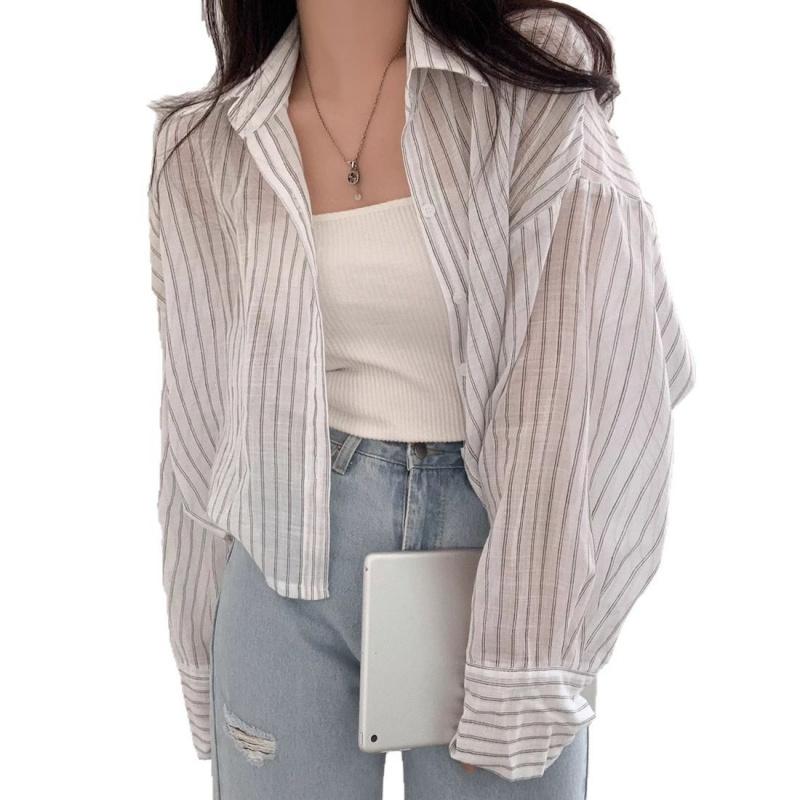 Свободная и универсальная легкая рубашка с солнцезащитным кремом в стиле ленивой моды, женская рубашка с длинными рукавами и короткими полосками в стиле ретро
