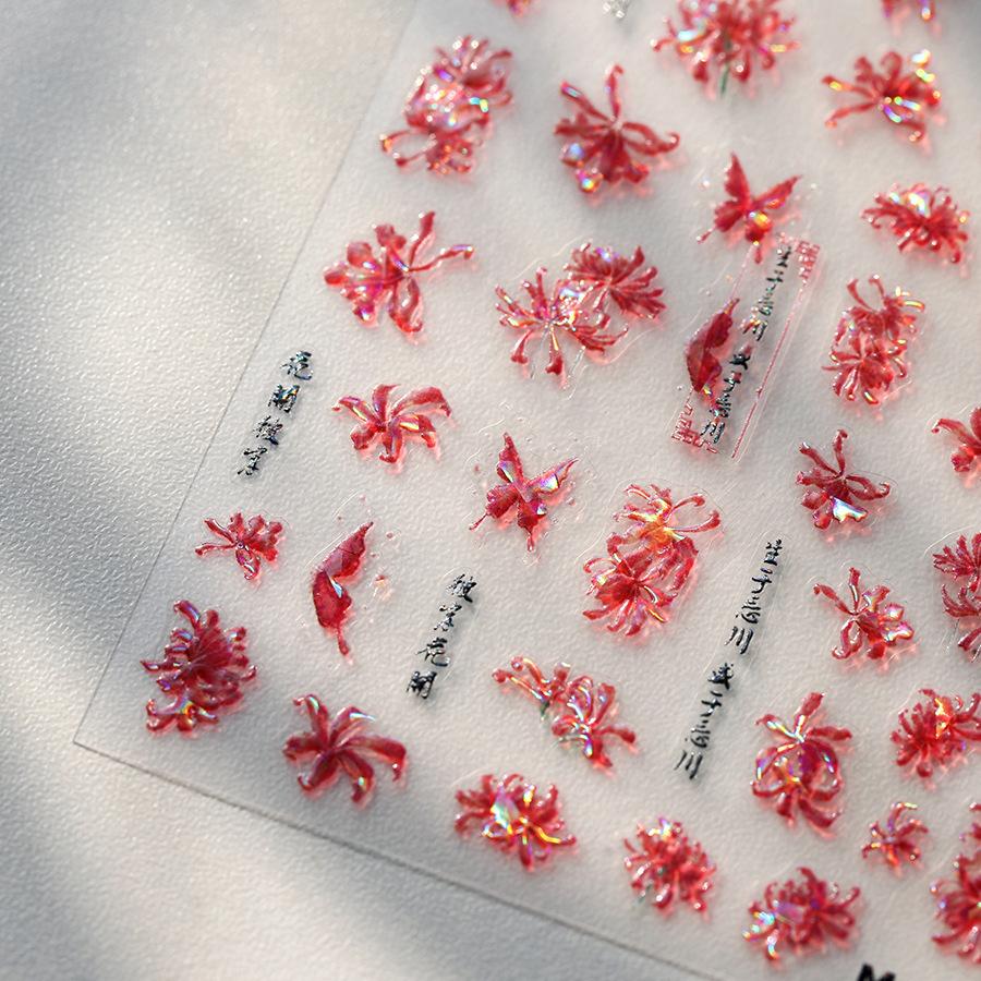 5D Butterfly Red Spider Lily Blooming Flowers Nail Art Stickers Chinese Characters Phoenix Swallow Self Adhesive Manicure Decals