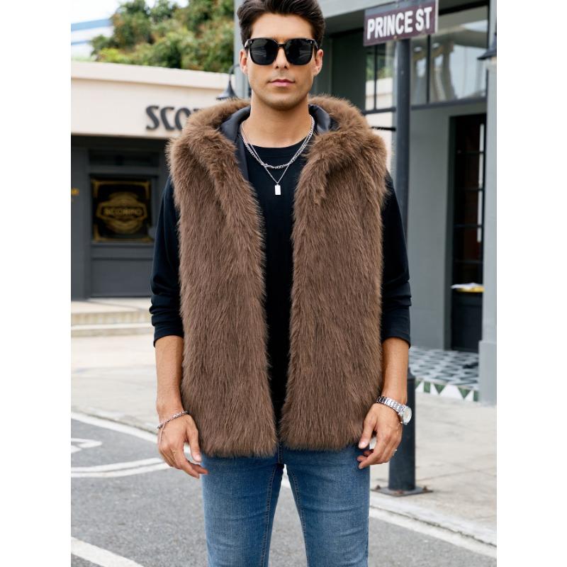 Мужской полосатый жилет с капюшоном из искусственного меха, теплый, без рукавов, повседневный