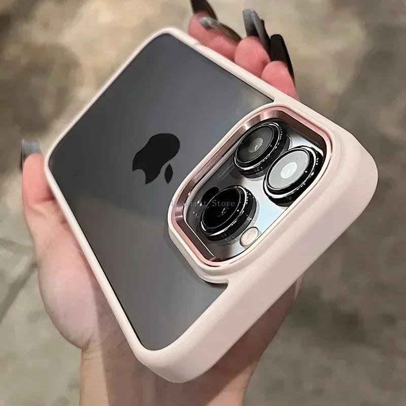 Fashion Metal Frame Case For iPhone 15 14 13 12 11 Pro Max Plus Transparent Acrylic Soft Shockproof Bumper Cover