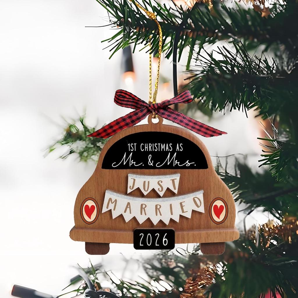 Wedding Gifts for Couples 2026 Newly Married Hanging Car Ornament Gift with Buffalo Plaid Bow Tie Just Married 3.9" Rustic Bridal Shower Decor for