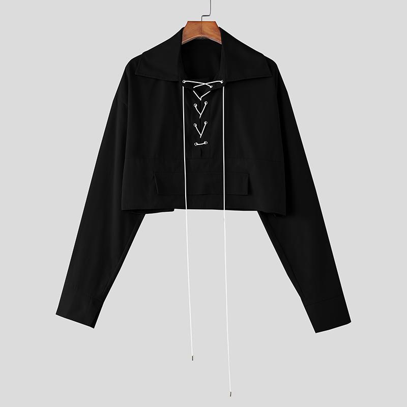 INCERUN Мужские рубашки оверсайз с лацканами, длинными рукавами, бинтами, повседневные, свободные, укороченные