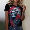 Summer Round Neck 3D Rose Skull Pattern Printed Top Fashionable Casual Short Sleeved Women's T-shirts