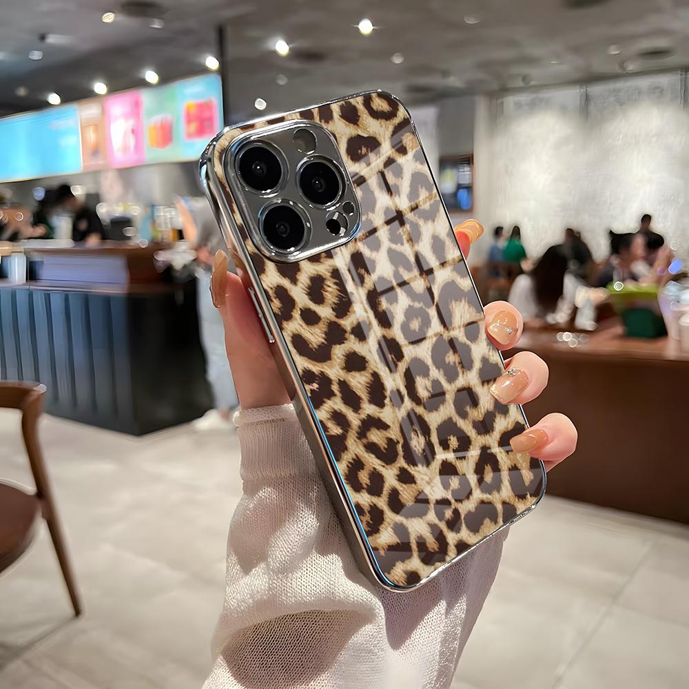 Роскошный чехол для телефона с леопардовым принтом для IPhone 17 Pro Max 15 Pro 16 14 Plus 12 13 Mini 11 Pro Ударопрочный гальванизированный стеклянный чехол