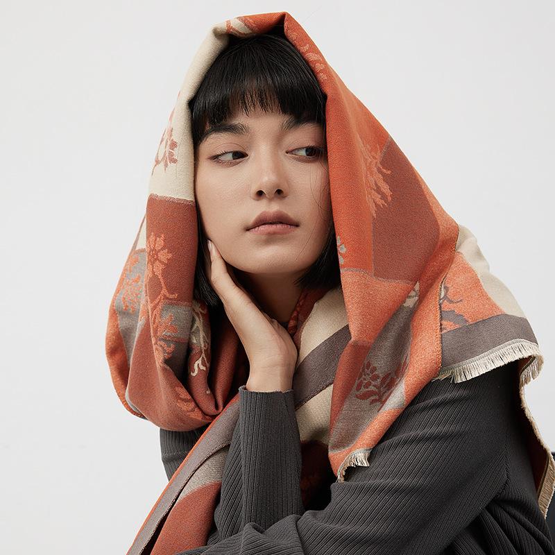 Printed Imitation Cashmere Scarf Women'S High-End Sense Plant Flower Warm Shawl Fashion Commuter Neck Protection Cold Scarf