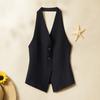 Женский жилет с V-образным вырезом на шее, пиджак на пуговицах с открытой спиной, укороченный жилет без рукавов, винтажный нарядный жилет