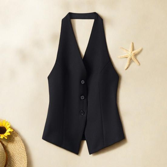 Женский жилет с V-образным вырезом на шее, пиджак на пуговицах с открытой спиной, укороченный жилет без рукавов, винтажный нарядный жилет