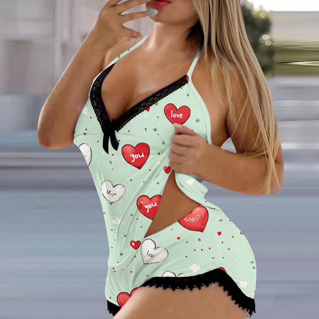Женский пижамный комплект с V-образным вырезом, кружевной строчкой и безрукавкой на День святого Валентина