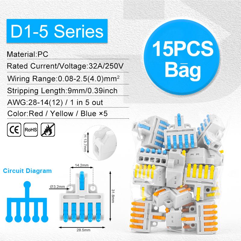 Рычажные быстрые мини-соединители для проводов 1 вход - несколько выходов Компактные соединители для сращивания проводов Подключение для вставных домашних клеммных блоков 32А