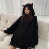 Women Autumn Winter Hoodie Cartoon Cat Ear Hooded Drawstring Thick Pullover Loose Solid Color Elastic Cuff Mid Length Warm Lady Hoodie