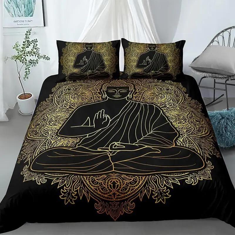 Buddha Duvet Cover Collection King Size Exotic Ethnic Bohemian Bedding Collection Microfiber Golden Buddha Statue Print Gorgeous Quilt Cover