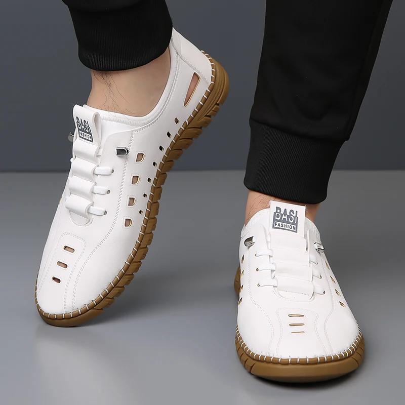 Модные летние новые мужские тапочки с перфорацией, обувь из коровьей кожи, сандалии на мягкой подошве, сандалии для треккинга на открытом воздухе, удобная пляжная кожаная обувь