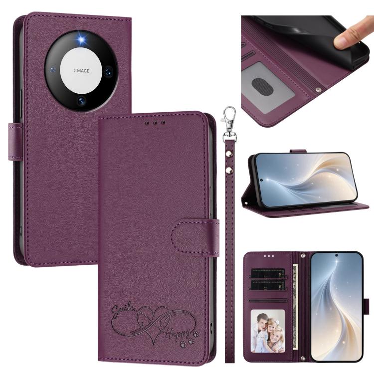 Happy Heart Pattern Magnetic Closure Vegan Leather Phone Case with Wrist Strap For Huawei Mate 60