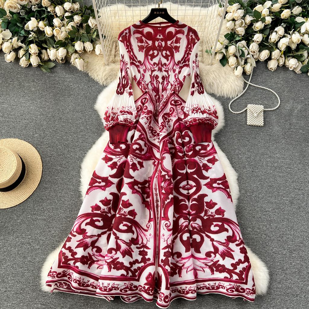 French Senior Temperament Luxury Dress Ladies 2024 Newest O-Neck Ruched Print Tie Dye Design Fashion Chic Long Dress