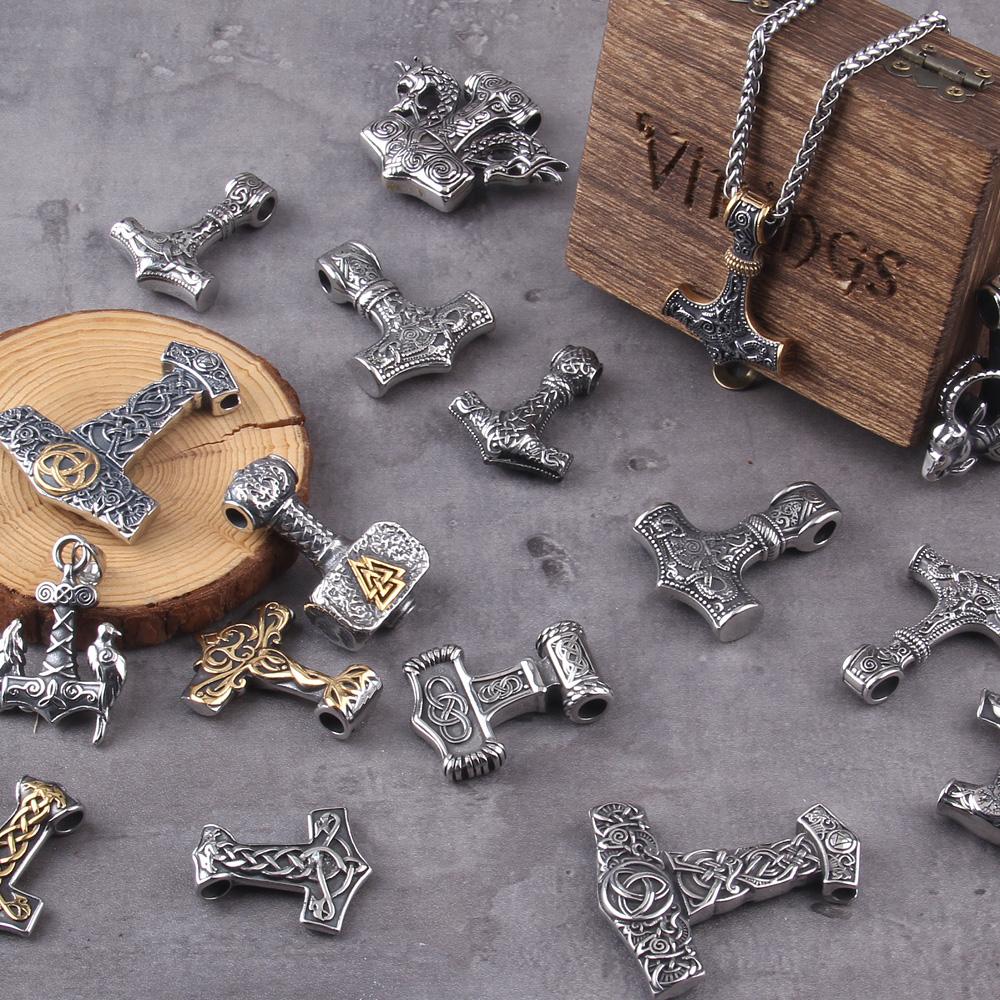 Модная подвеска-ожерелье Валькнут и Молот Тора викингов на килевой цепи в качестве мужского подарка с деревянной коробкой