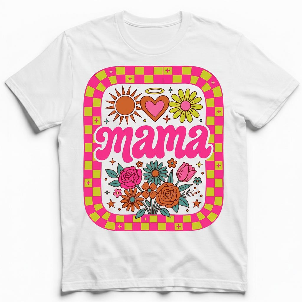 Retro Mama Checkered Floral Sun Heart Vintage T-Shirt Mothers Day Boho Tee