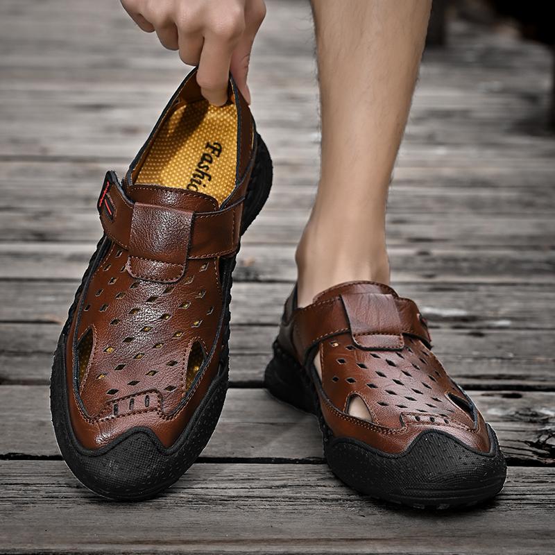 Мужские повседневные дышащие мягкие сандалии из натуральной кожи с ручной строчкой