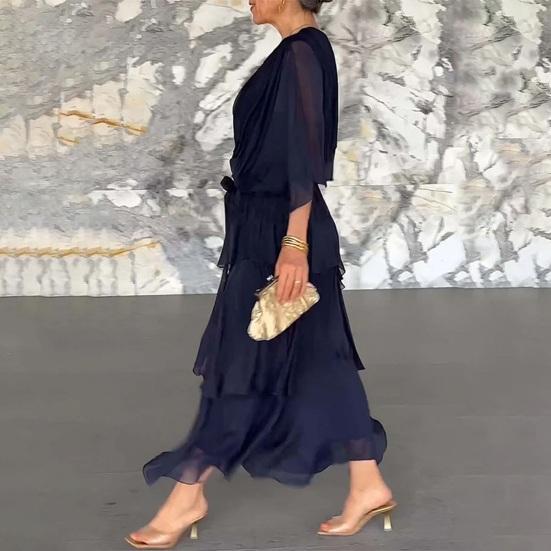 Женское летящее шифоновое платье для гостьи на свадьбе, с оборками, рукавом до локтя, завышенной талией, присборенное платье-запа́х, V-образным вырезом, многоярусное платье-свинг