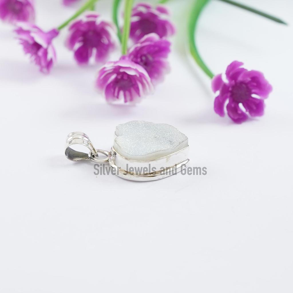White Titanium Druzy Pendant, Heart Pendant, 925 Sterling Silver Pendant, Gemstone Pendant, Gift for Love, Anniversary Pendant