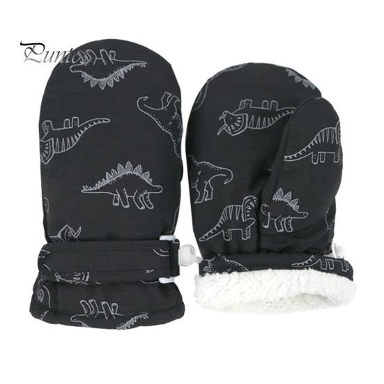 1 Pair Children Winter Mittens Thick Plush-lined Windproof Cartoon Dinosaur Cold Weather Outdoor Gloves Adjustable Fasten Strap Anti-Slip Ski Gloves