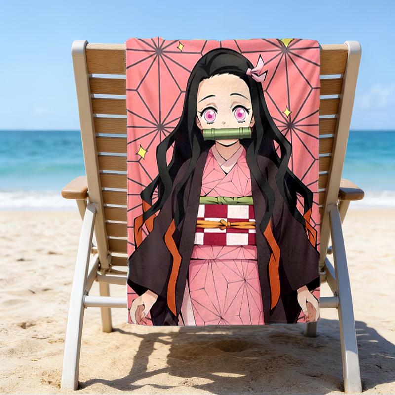 proof beach towel with a Demon Slayer Nezuko pattern - soft,absorbent,quick-drying,machine washable - perfect for swimming,camping,bathing