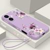 Purple Floral Pattern Shockproof Case For iPhone 16 Pro Max 15 Pro 14 13 12 Mini 11 XS XR 8 7 Lanyard TPU Lens Protection Matte Soft Phone Cover