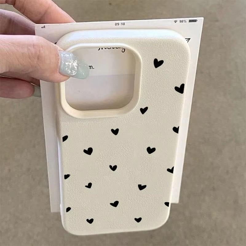 Милый черный чехол-сердечко с текстурой личи для iPhone 17 Air 16 e 15 14 13 12 11 Pro Max Plus SE, мягкий чехол