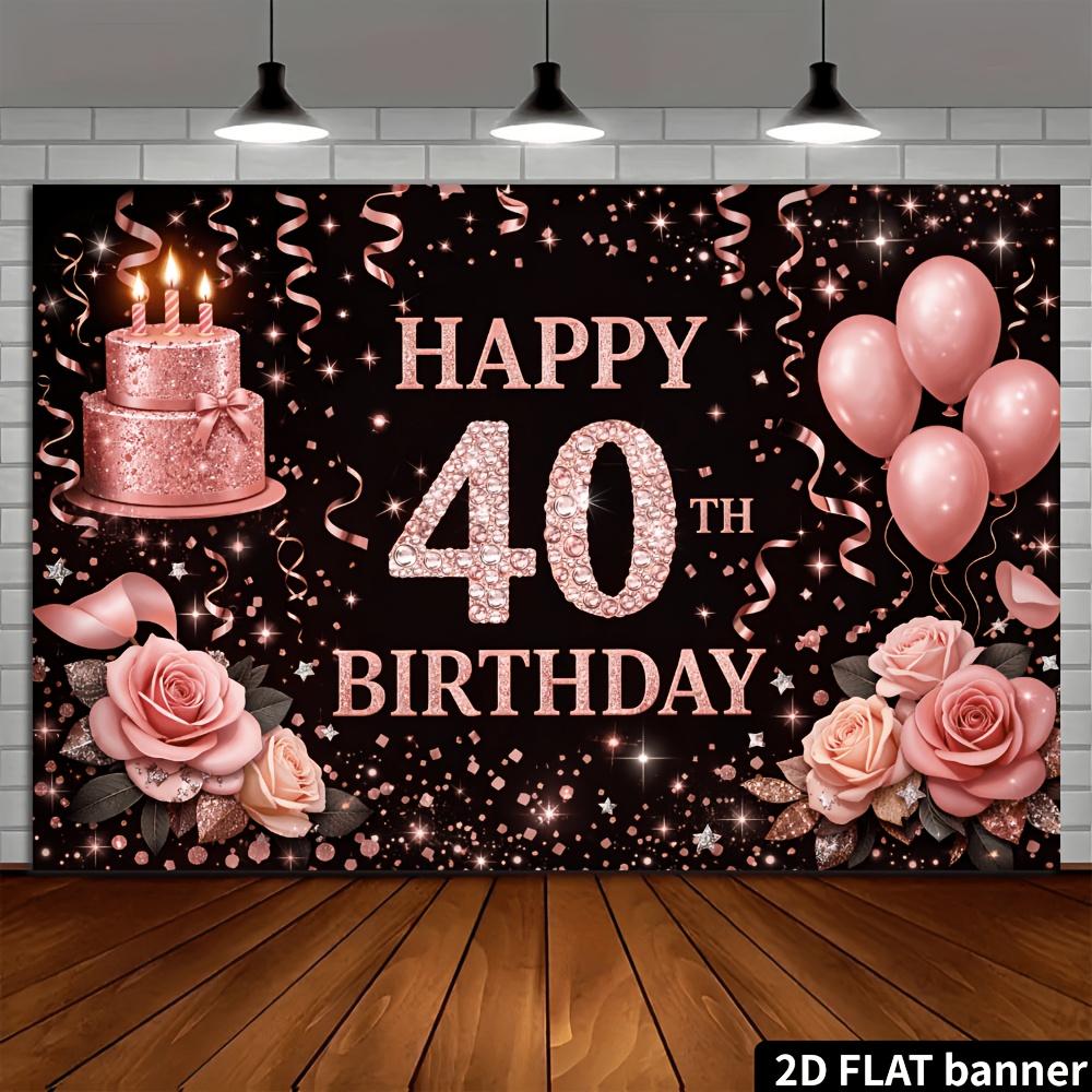 2D plane 40th birthday party backdrop fabric black background with rose gold glittering diamonds theme featuring pink roses