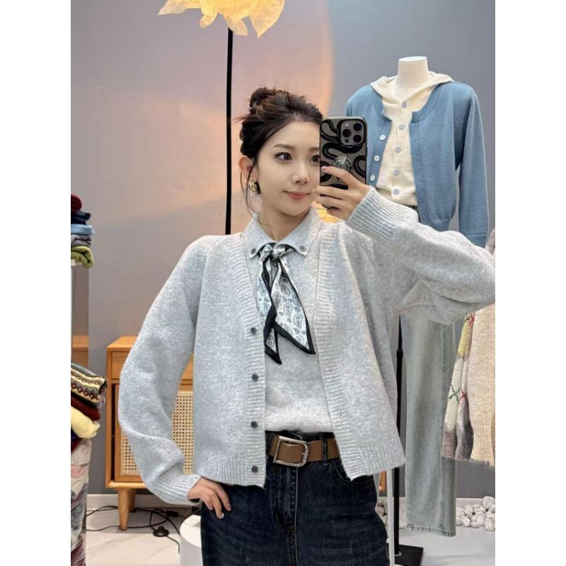 Shi Jian Academy Style Lapel Two-piece Knitted Cardigan Sweater Women's Autumn New Versatile Premium Women's Top