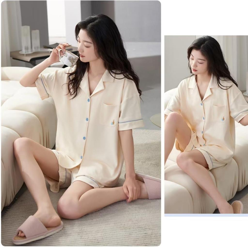 Летний пижамный комплект Yucahype с рубашкой с коротким рукавом и открытыми свободными однотонными женскими чашками, 100% хлопок, шорты, спереди, влагоотводящий, дышащий,