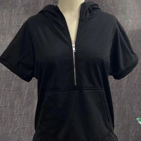 Summer Women Hoodie Half Zipper Short Sleeves Solid Color Pullover Loose with Pocket Casual