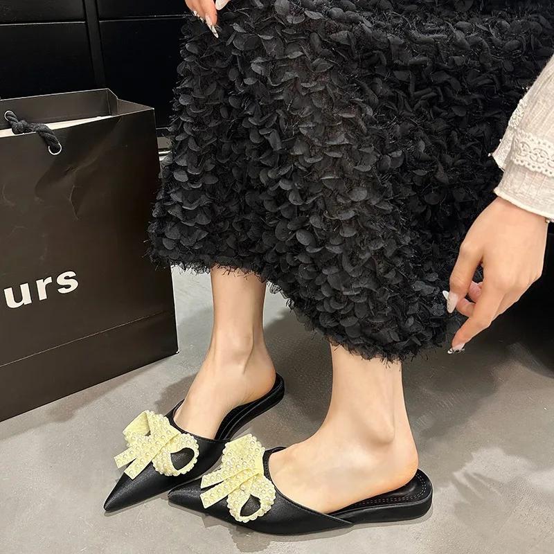 Мода 2025 Обувь Женская Закрытый Носок Женские Тапочки Модные Платьевые Тапочки Женские С Бусинами На Шнурках Бант Заостренный Носок Низкий Каблук Сандалии