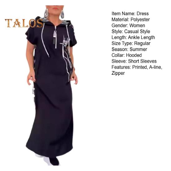 Летнее платье макси на молнии с капюшоном на шнурке с короткими рукавами Свободный подол с принтом в стиле пэчворк Повседневная повседневная одежда длинное платье