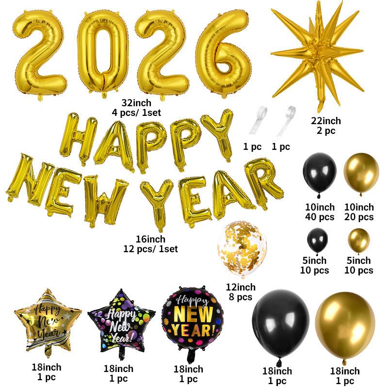 Balloon New Year Black Gold Letter Balloon Set, New Year Happynewyear Party Decorations