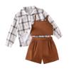 Повседневный комплект для девочек 2025 Осень Детская мода Клетчатая рубашка с длинным рукавом, топ на бретелях и шорты