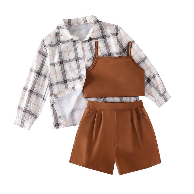 Повседневный комплект для девочек 2025 Осень Детская мода Клетчатая рубашка с длинным рукавом, топ на бретелях и шорты