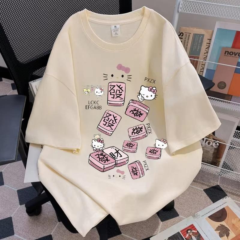 2026 новая футболка Hello Kitty из мягкого хлопка с коротким рукавом и круглым вырезом, милый принт, легкий летний топ для женщин, повседневная одежда