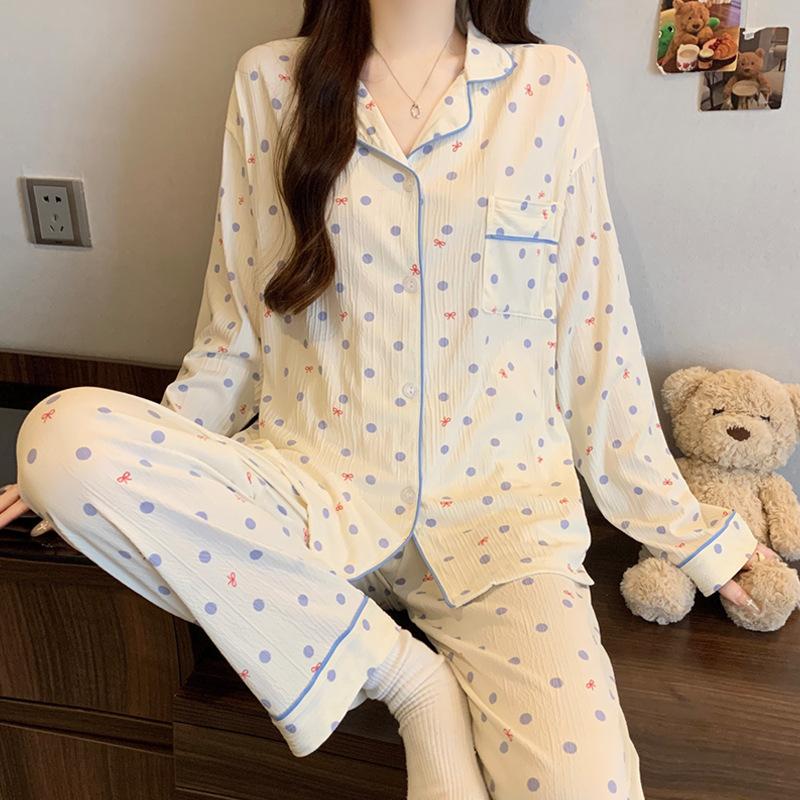 Japanese fashion casual pajamas women's spring and autumn new wrinkled cloth long-sleeved trousers sweet striped loungewear