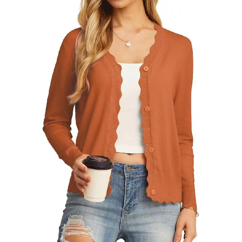 Women's Sweater for Spring and Autumn with Ruffled V-Neck and Buttoned Knit Cardigan Top