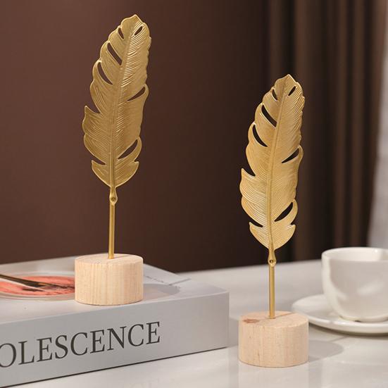 Golden Ginkgo Leaf Decoration with Wood Base Metal Feather Leaves Snowflake Figurine Statue Sculpture Home Office Living