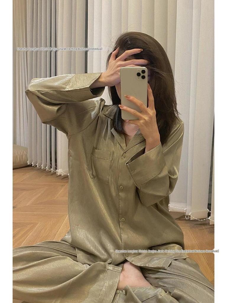 Женская пижама из шелка Ice Silk Plaid 2024 года, весна/лето — комплект из двух предметов с длинными рукавами