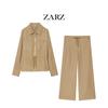 Womens Casual Set: Adjustable Waist Coat With Pocket Detail Wide-Leg Trousers Style Long Sleeve Pure Color