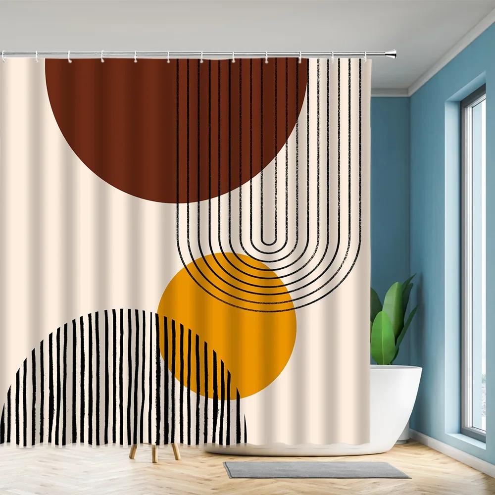 unframed Abstract Neutral Leaves Simple Bathroom Shower Curtain Mid Century Sun Minimalist Modern Polyester Fabric Decor Bathr