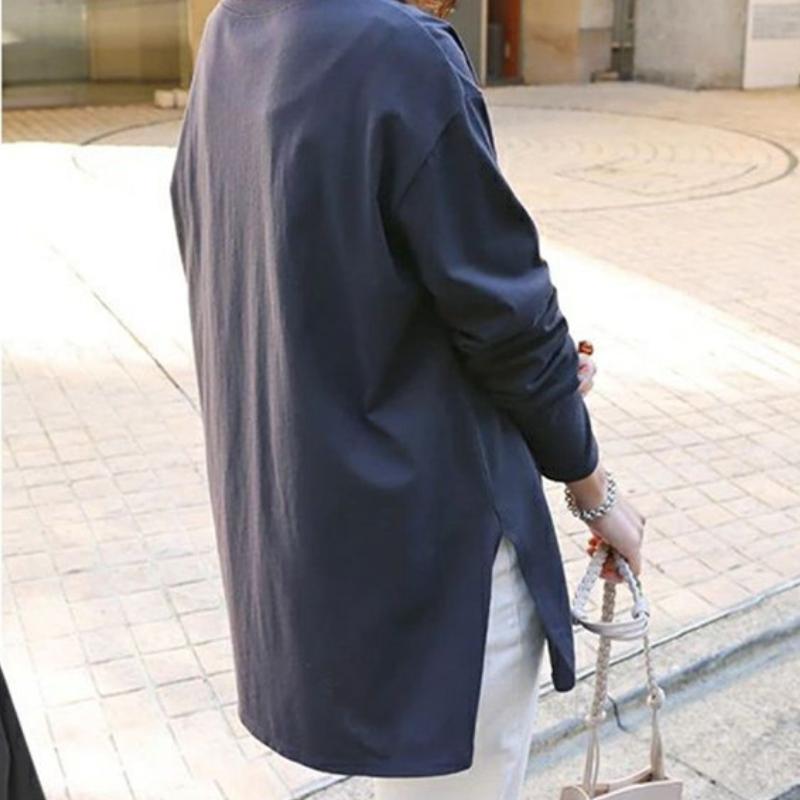 Свободная и повседневная однотонная женская футболка из чистого хлопка с круглым вырезом и длинными рукавами