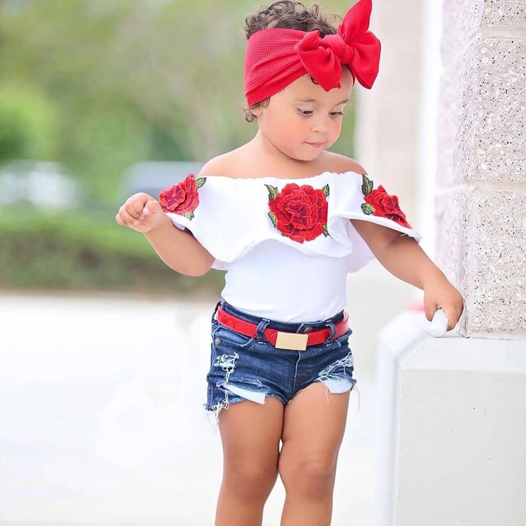 Одежда для маленьких девочек, топы с цветком розы, джинсовые шорты, брюки, комплект одежды