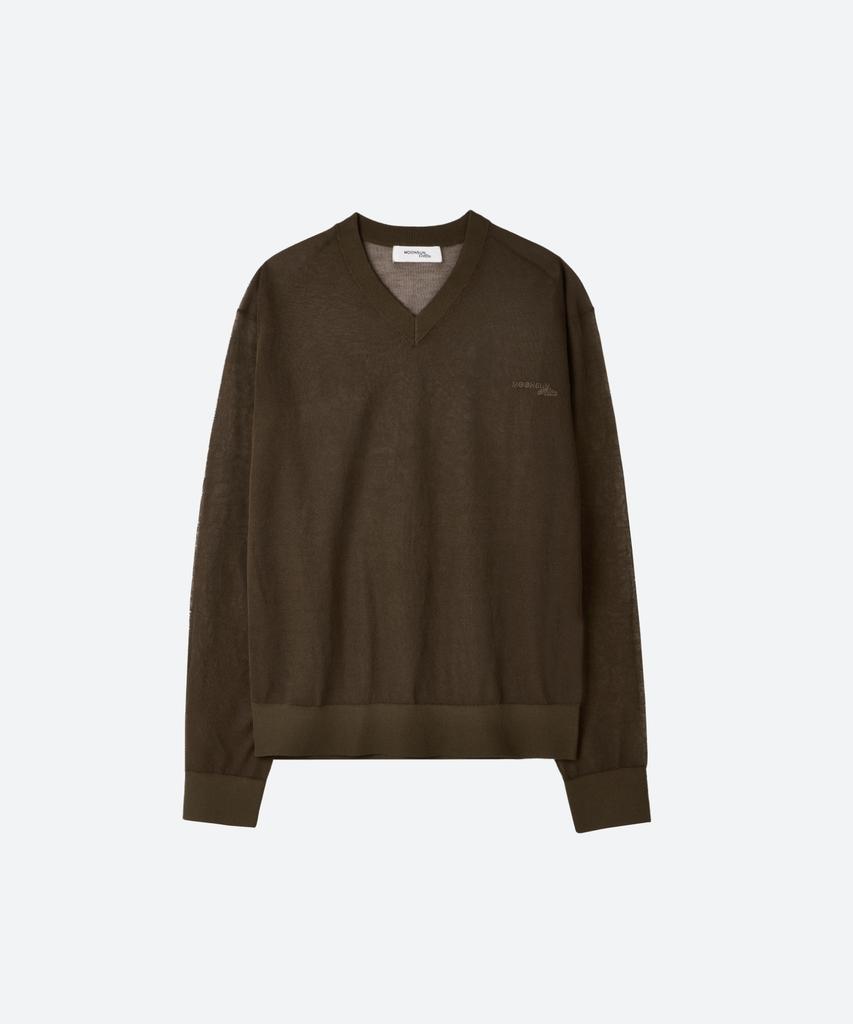 MOONSUN M.C Unisex, Logo Sheer V Neck Knit / Brown